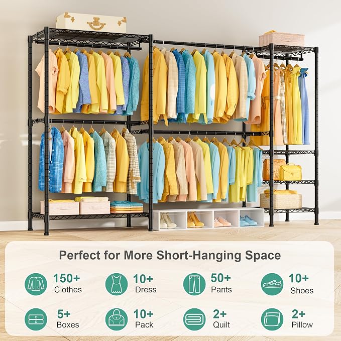 SEMHOR E01 Expandable Heavy Duty Clothes Rack, Free Standing Closet System | 72.5-96" Adjustable Portable Garment & Clothing Racks for Hanging Clothes Carbon Steel, 800LBS Max Load, Black