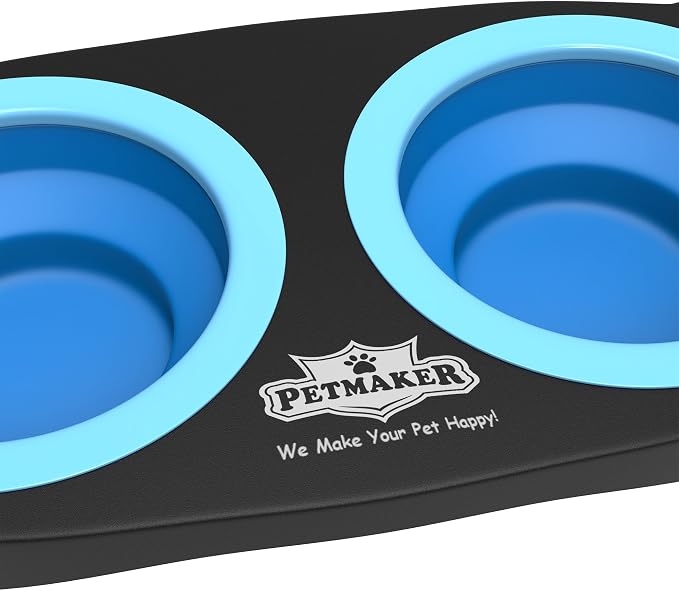 Elevated Pet Bowls Collection with Non Slip Stand for Dogs and Cats-Removeable and Collapsible Silicone Feeder for Food and Water- 16 Oz Each by PETMAKER (Pink), Blue