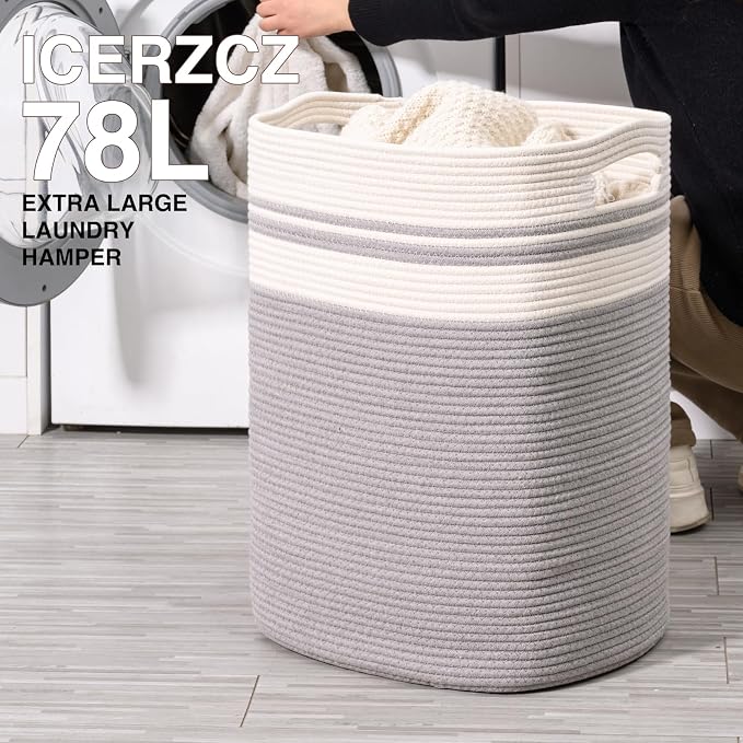 ICERZCZ 78L Laundry Hamper, Woven Rope Tall Laundry Basket with Handles, Decorative Blanket Basket for Bedroom, Bathroom, Collapsible Baskets for Toys, Clothes, 16”x14”x22”, White & Grey