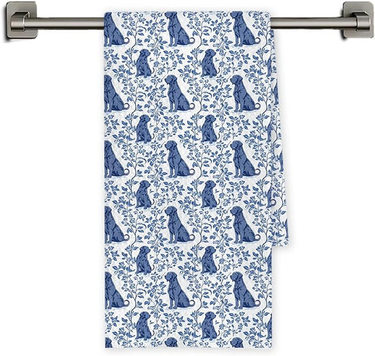 Chicimln Chinoiserie Black Labrador Retriever Kitchen Towels, Black Lab Gifts Decorative Hand Towels for Bathroom, Blue and White Dog Dish Tea Towel Drying Cloth for Kitchen Decor, 16x24 Inch