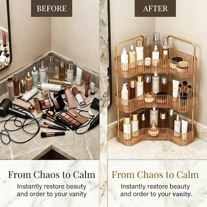 3-Tier Corner Bathroom Organizer, Skincare Vanity Counter Shelf Orange | Premium PET Perfume Display Stand with Gold Metal Rods, Space-Saving 90 Degree Storage Rack for Dresser
