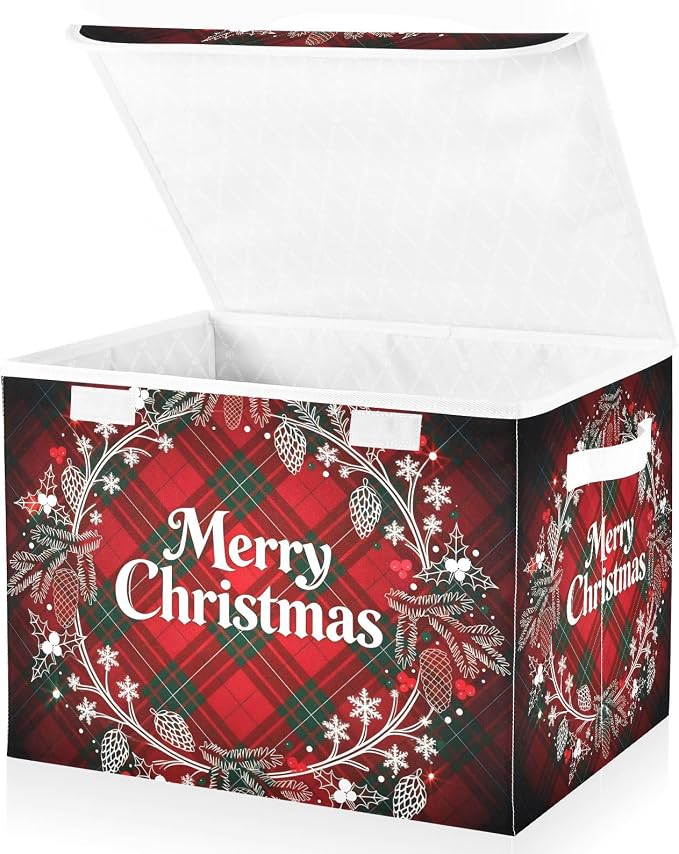 senya Christmas Storage Baskets Christmas Monogram Wreath Tartan Plaid | Collapsible Storage Bins with Lids Boxes Clothes Baskets for Organizing
