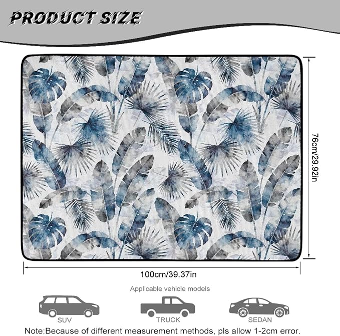 Leaf Print Cargo Mat Rear Trunk Liner, Universal All Weather Car Trunk Mat 29" x 39", Non Slip Washable Durable Pet Friendly Gray Blue Cargo Protection