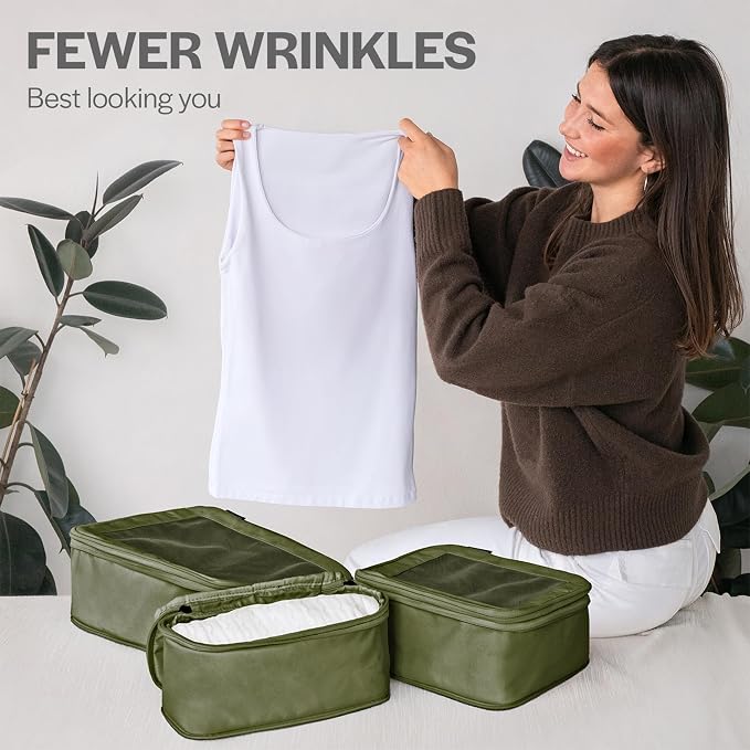 Compression Packing Cubes for Travel, 2-Pack, Olive | Solves overpacking, 2-Piece set fits most carry-ons, 50% Space savings, Compression luggage organizer bags