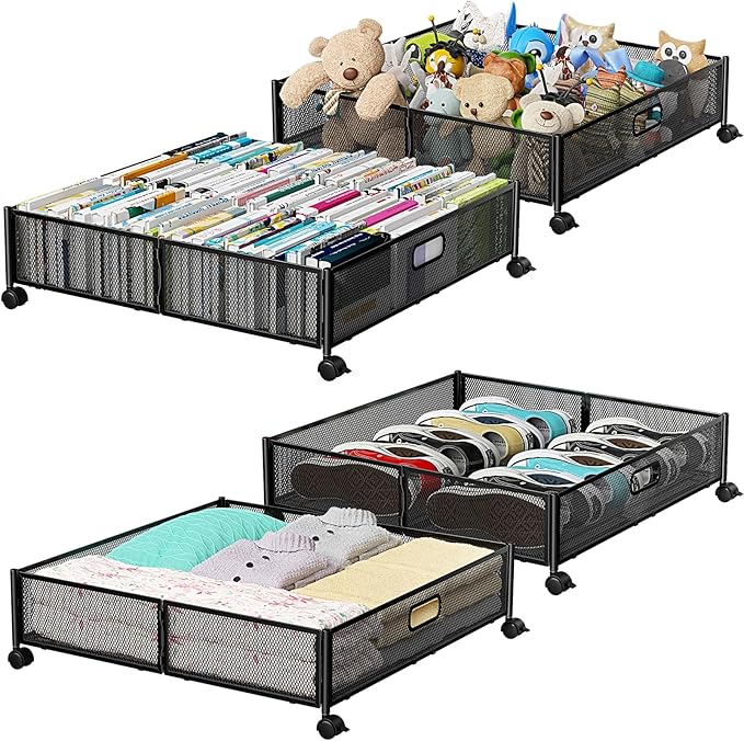 Under Bed Storage with Wheels & Handle,Metal,Large,4 Pack,Black | Tool-free assembly, glide smoothly, easy reach, foldable, maxmazie low-profile beds, dorm, keep seasonal clothes, shoes fresh