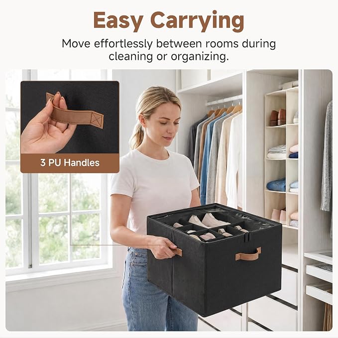 StorageWorks 16-Pair Closet Shoe Organizer with Adjustable Dividers, Black | Holds up to 16 Pairs, Foldable, Clear Lid, Reinforced Handles, Fits Sneakers, Boots & Heels, For Entryway, Bedroom & RV