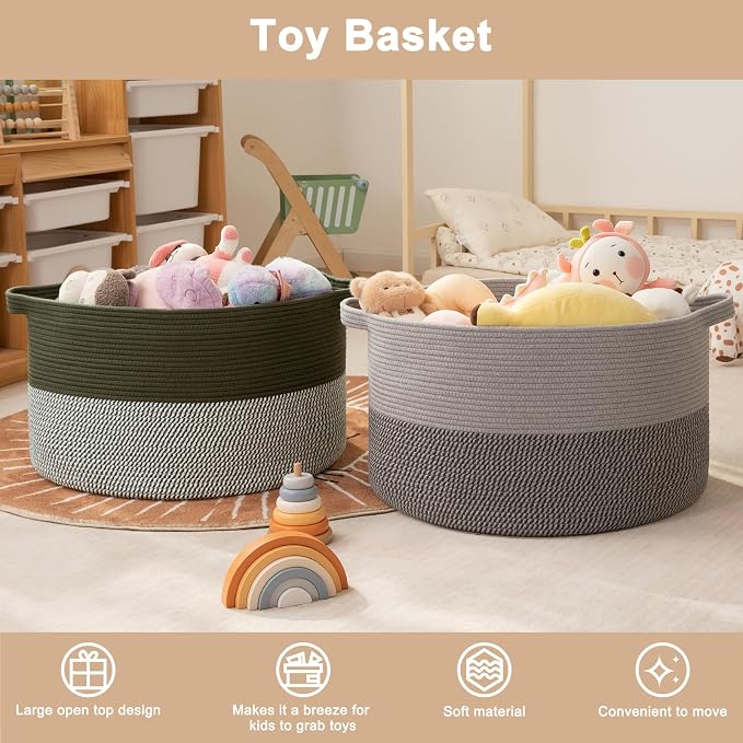 OIAHOMY 90L XXXLarge Blanket Basket for Living Room, 21.7" x 13.8" Woven Cotton Rope Laundry Basket for Organizing Pillows, Decorative Stuffed Animal Toy Storage for Nursery, Green and Grey
