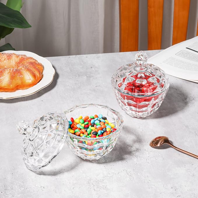 ComSaf 9oz Glass Candy Dish with Lid for Office Desk Small Jar Crystal | Covered Candy Storage, Coffee Table Office Desk Bathroom Vanity Decor, Countertop Display, Small Size, Wedding Favors