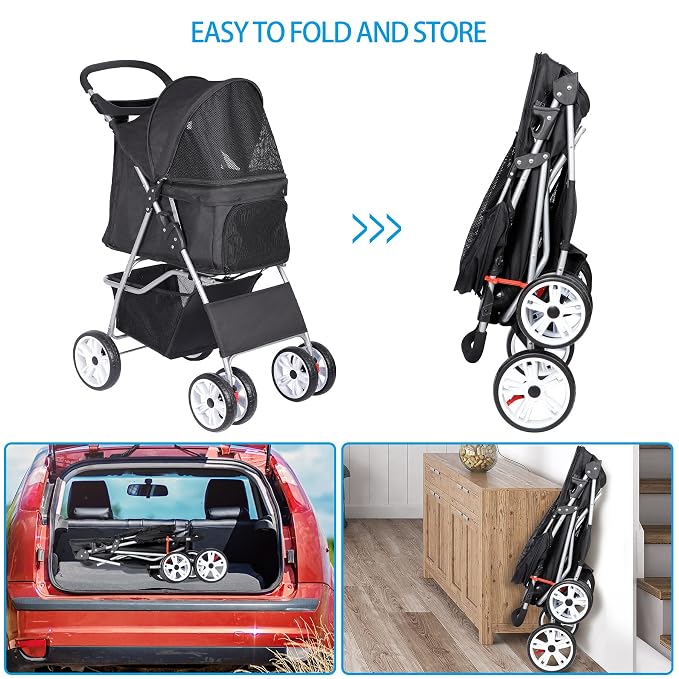 Pet Stroller for Medium Small Dogs - Easy to Walk Folding Travel Carrier Strolling Cart with Cup Holder, Weather Cover and Storage Basket'