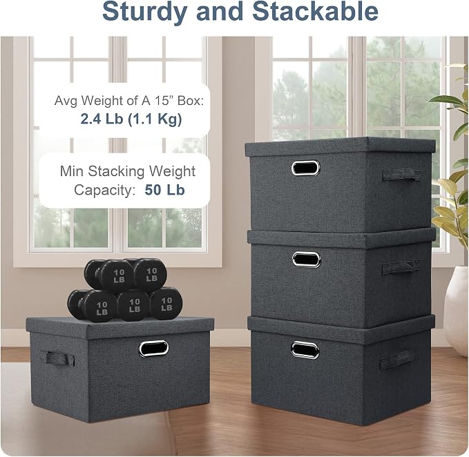 Graciadeco Medium 15" 21 Quart Collapsible Stackable Storage Bins with Lids, 3 Packs Dark Grey Foldable Fabric Closet Boxes Heavy-duty Linen Cube Baskets Container for Bedroom Office (15 x 11 x 8) | 21 Quart 3 Pack Dark Gray Collapsible Stackable Linen...