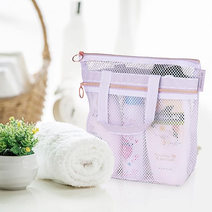 Mesh Shower Bag 10.2x9.9'' Quick-Dry Caddy with Zipper & 2 Pockets. Portable Toiletry Tote for Bathroom, Gym, Travel, Camp, Beach, for Sunscreen, Dorm & College Essentials (Light Gray)
