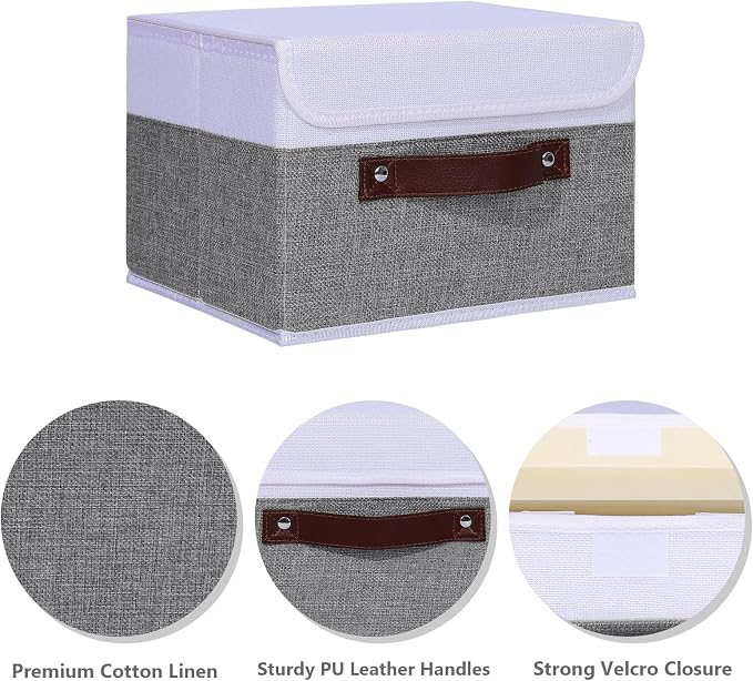 ANMINY Fabric Storage Box Bins with Lids, Gray White, 13"x9"x7.9" | Keepsake Memory Storage, Cotton Linen, PP Board Reinforced, Washable, PU Handles, Foldable & Stackable, Decorative, Medium