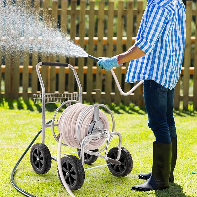 VEVOR Hose Reel Cart, Hold Up to 250 ft of 5/8’’ Hose, Garden Water Hose Carts Mobile Tools with 4 Wheels, Heavy Duty Powder-Coated Steel Outdoor Planting with Storage Basket, for Garden, Yard, Lawn | Heavy Duty Powder-coated Steel, Storage Basket, Mob...