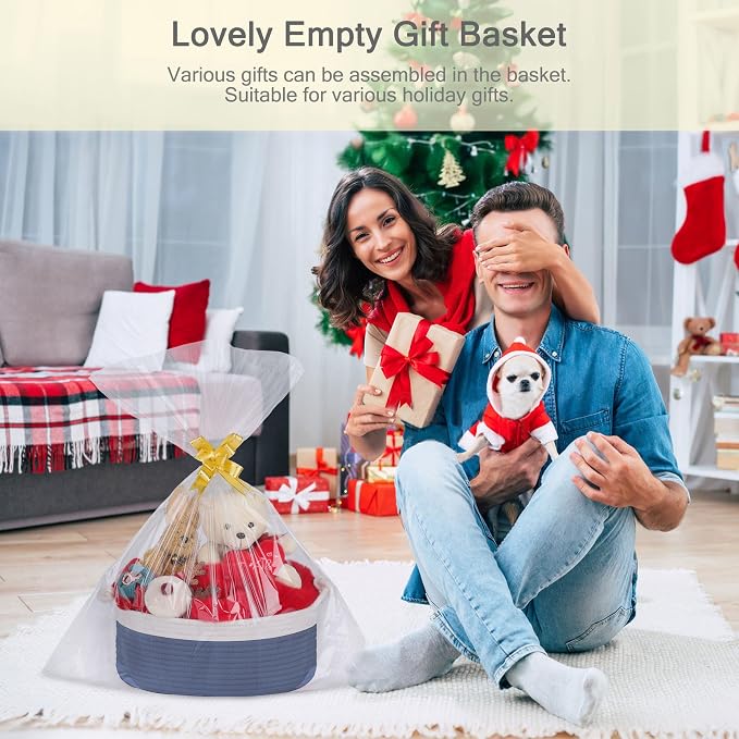 Small Empty Gift Basket with Bag & Ribbons, White & Folkstone Gray | 12“x8”x5”, Cotton Rope Woven Basket for Birthdays, Baby Showers, Mother's Day, Christmas; Stores Small Items, Kids & Pet Toys