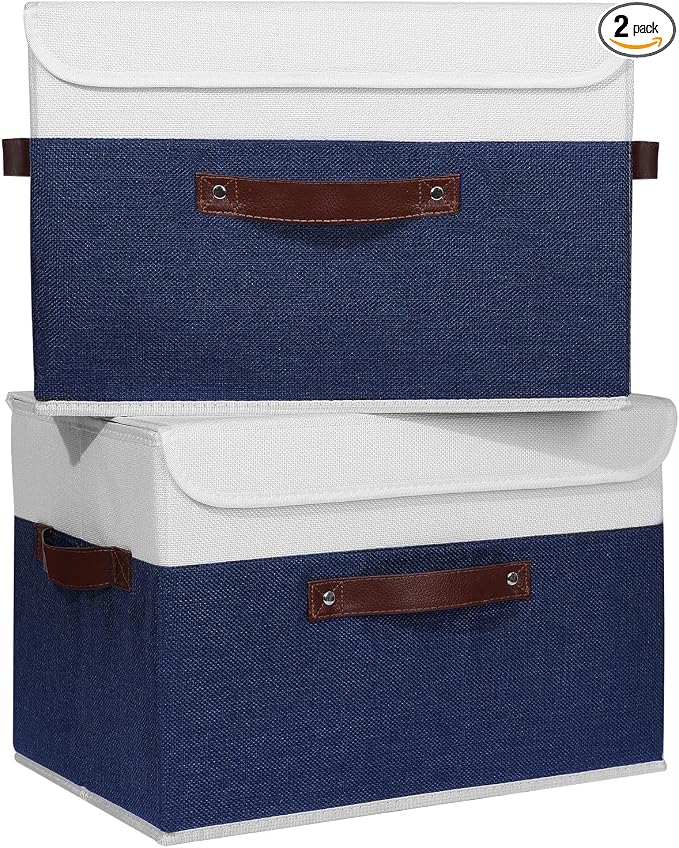 ANMINY Fabric Storage Box Bins with Lids, Blue White, 15"x10"x10", 2 Pack | Keepsake Memory Storage, Cotton Linen, PP Board Reinforced, Washable, PU Handles, Foldable & Stackable, Decorative, Large
