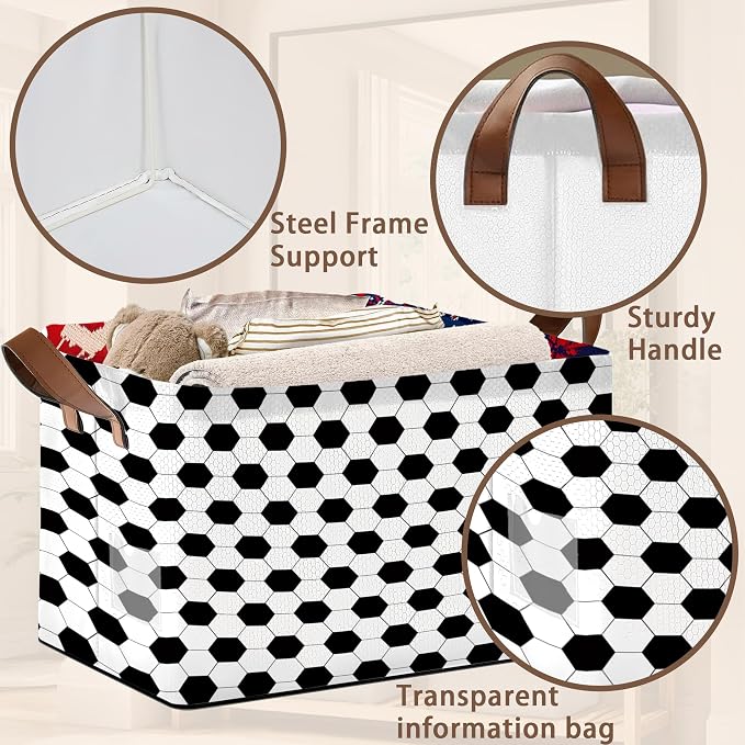 Soccer Ball Storage Basket Large 17x11.5x10.5 Inche-Collapsible Fabric Organizer Bin with Handles for Sports Room, Game Day Decor, Kids-Decorative Hamper with Classic Black & White Design-Single Pack