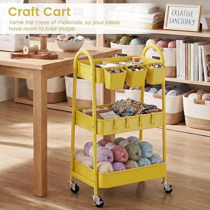 danpinera 3-Tier Rolling Cart, Utility Cart Mobile Metal Rolling Storage Cart with Lockable Wheels & Hanging Cups & Hooks for Kitchen, Bathroom, Office, Workshop, Yellow