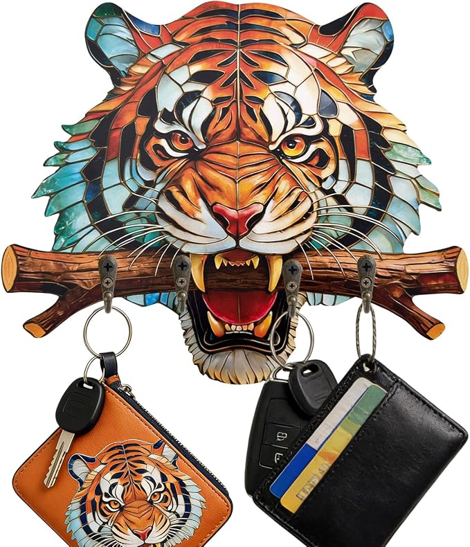 Goodangie00 13.8" Wooden Wall Art Decor with 4 Rustic Hooks, Creative Tiger Design Key Holder Wall Mount for Entryway, Bathroom, Kitchen, Bedroom, Clothes, Collars, Leashes, Home Decor