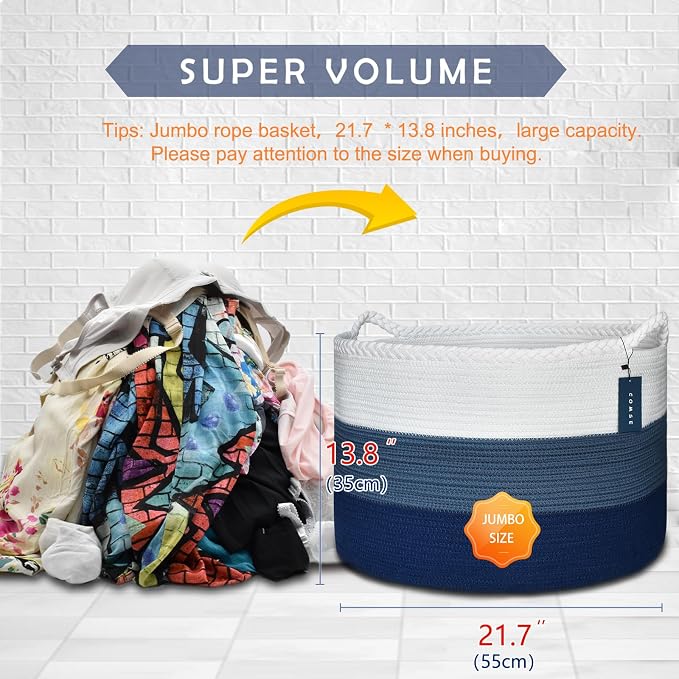 COMSE XXXLarge Woven Blanket & Laundry Basket, 87L, White & Blue | 21.7" x 13.8", Cotton Rope, Nursery Hamper for Storage of Toys Clothes Towels, Ideal for Living Room Bedroom Bathroom