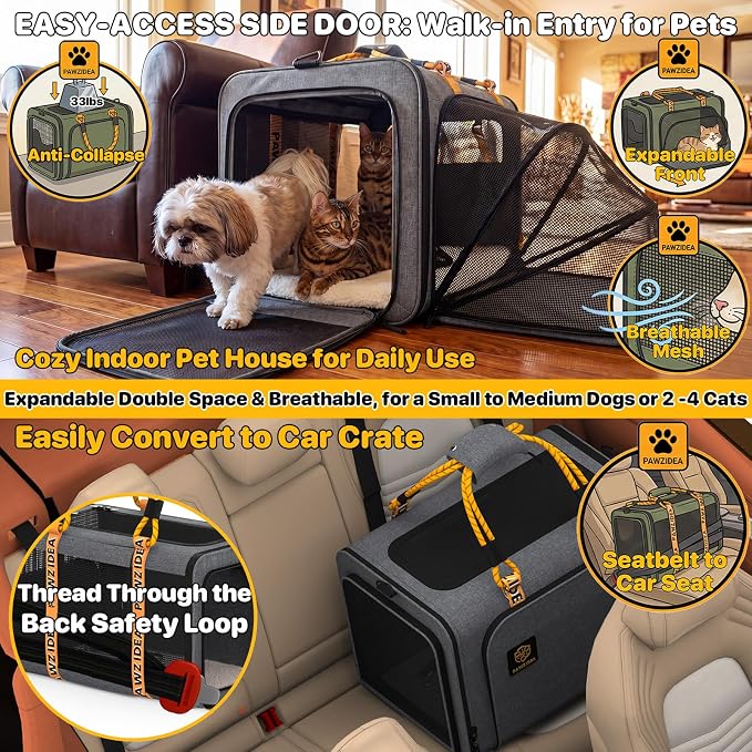 PAWZIDEA Expandable Large Pet Carrier with Wheels, 24x16x16 in Rolling Cat Carrier for 2–4 Cats up 55lb, Soft-Sided Collapsible Small Medium Dog Crate for Car Travel, Telescopic Handle, Storage Pocket