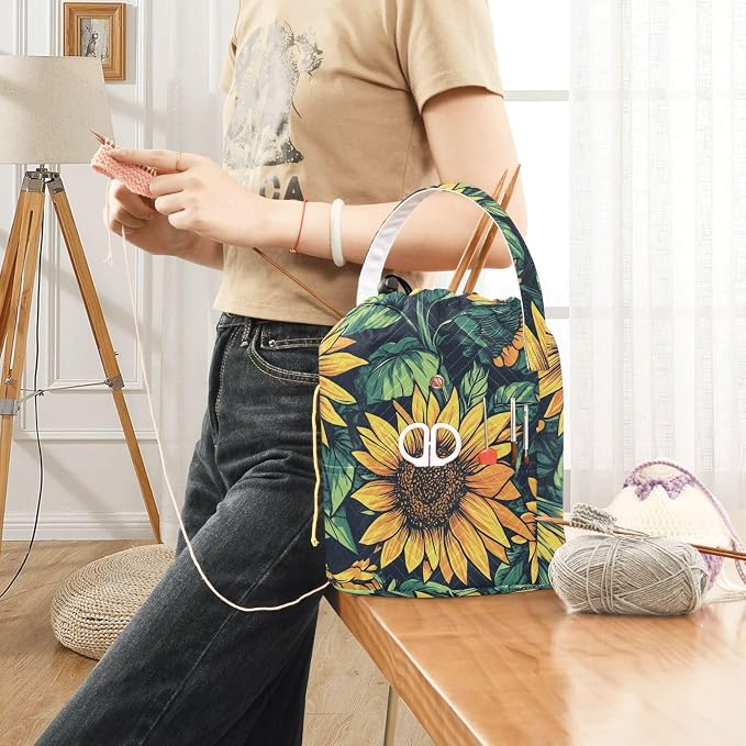 Fustylead Retro Vibrant Yellow Sunflower Large Yarn Storage Tote Basket, Knitting Crochet Drawstring Organizer Bag for Crocheting Project, Yarn Balls, Needles Accessories