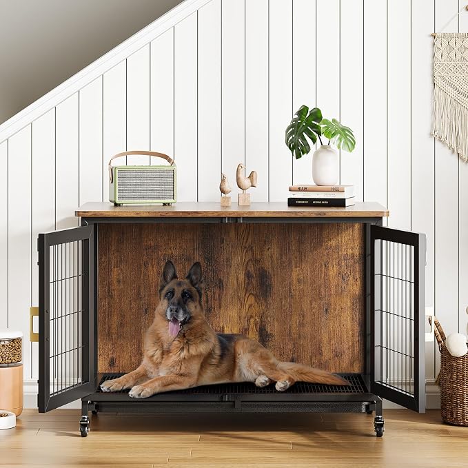 GarveeLife 37.5 in Dog Kennel Furniture, Heavy Duty Dog Crate Furniture with Wheels, Grid Base, Removable Tray, Latches, Indoor Farmhouse Dog Cage for Medium and Small Dogs, Brown