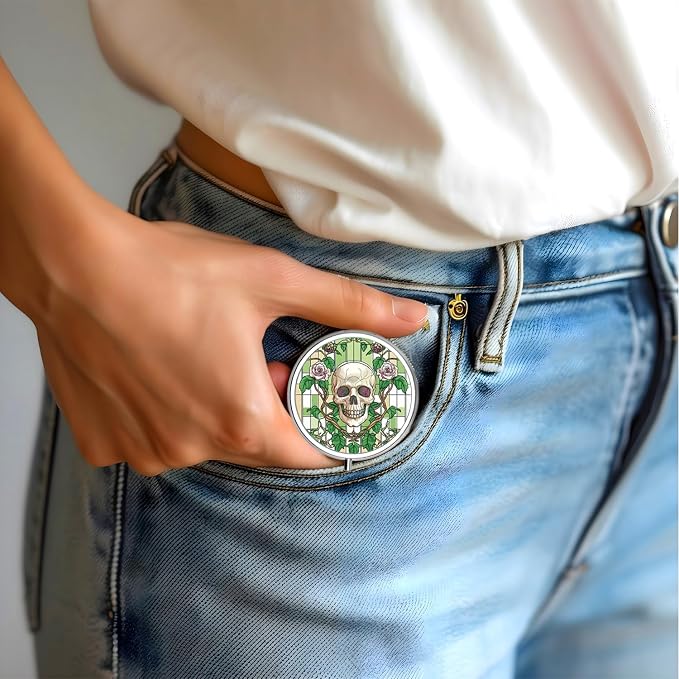 Pill Box-3 Compartment Small Pill Case for Purse & Pocket Mini Metal Pill Holder Travel Pill Container to Hold Supplements Vitamins BPA-Free (Skull and Rose)