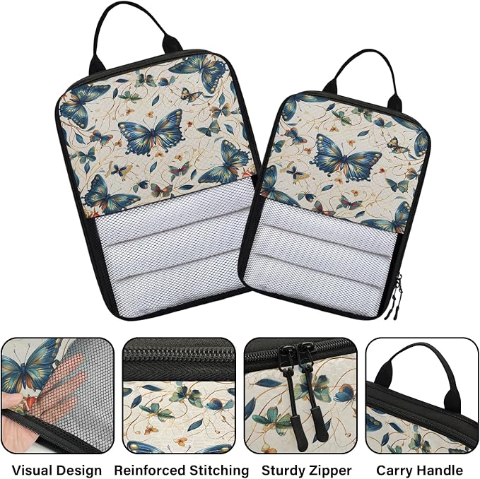 Butterfly Compression Packing Cubes Vintage Floral 6 Set Travel Packing Cubes for Suitcases Lightweight Expandable Organizers