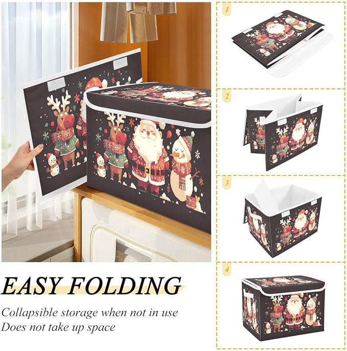 Christmas Baskets Collapsible Storage Bins with Lids, Santa Claus Deer Christmas Storage Boxes Clothes Baskets for Organizing