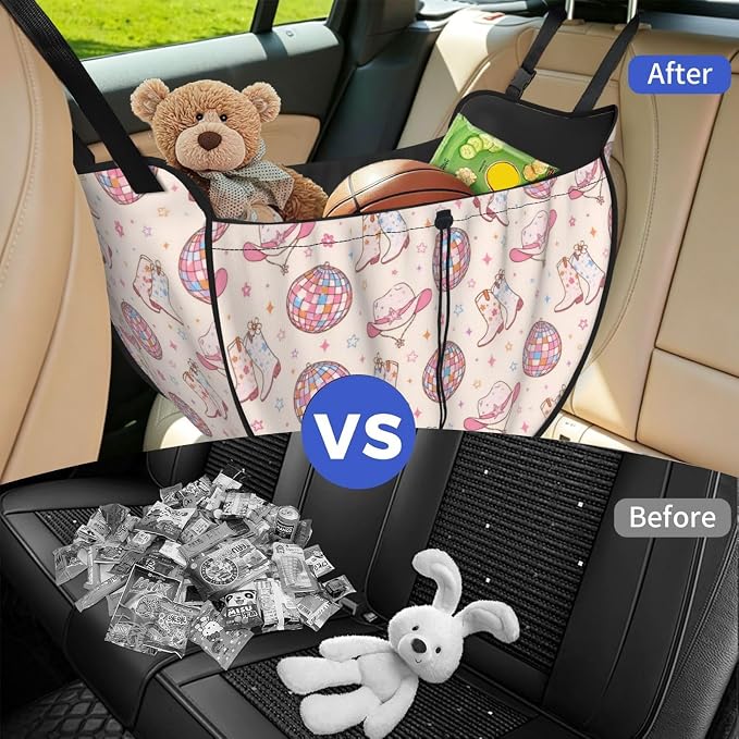 Cowboy Boots Disco Ball Car Seat Organizer Backseat Storage Bag, Large Waterproof Vehicle Organizer With Adjustable Straps For Gear Essentials, Fits Most Cars