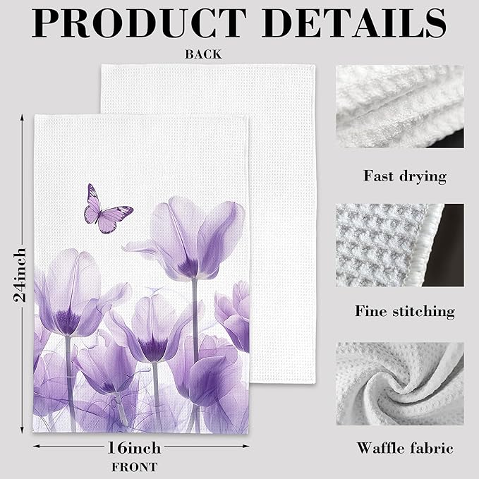 Purple Tulips Butterfly Floral Hand Towels,Set of 2 Absorbent Bath Towel Kitchen Dish Towel Home Gym Hotel Bathroom Decor,16x24 Inches