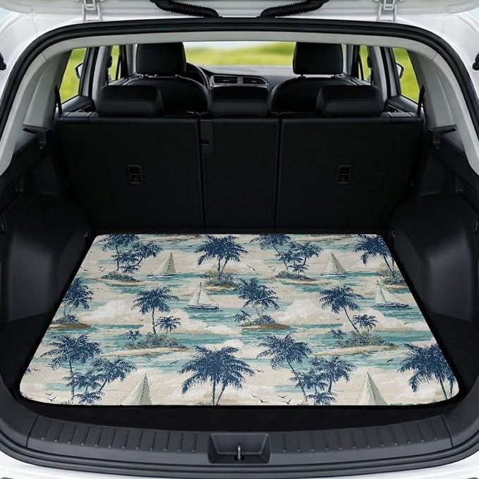 Palm Tree Print Washable Universal Cargo Liner 29" x 39", All Weather Non Slip Car Trunk Mat for SUV Truck, Durable Pet Friendly Blue Rear Cargo Protection