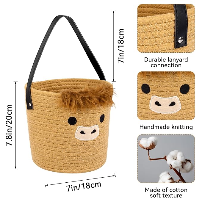 2 Pack Highland Cow Cotton Rope Basket - Cute Brown Basket with Handle for Plants, Toys & Baby Stuff, Western Nursery Decor, Baby Gift Box (7.8"x7")