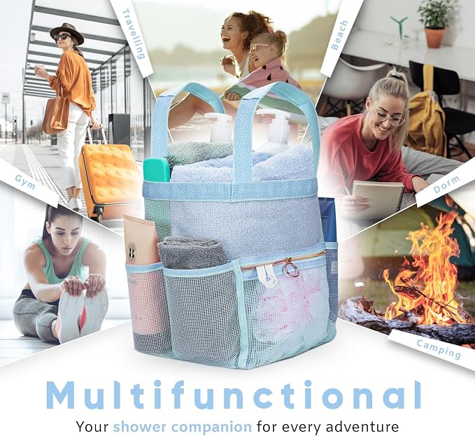 Mesh Shower Caddy Dorm, 7 Pockets & 1 with Zipper, Shower Tote with Padded Handles, Travel Portable, Shower Caddy College Room Essentials, Bathroom Shower Bag (Blue)