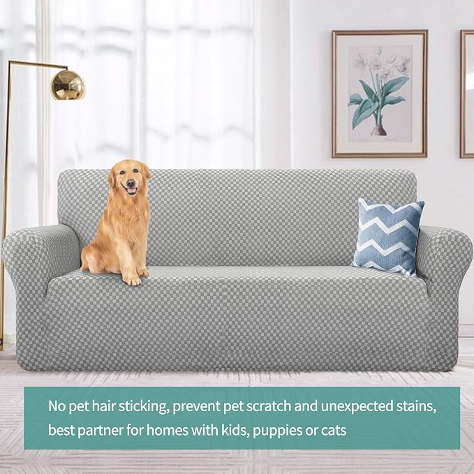 YEMYHOM Couch Cover Latest Jacquard Design High Stretch Sofa Covers for 3 Cushion Couch, Pet Dog Cat Proof Slipcover Non Slip Magic Elastic Furniture Protector (Large, Light Gray Checkered)