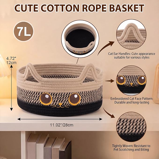 Small Cotton Rope Storage Basket,Round Cat Toy Basket,Beige & Black | Cute Decorative Dog Toy basket, Toy Bin for Baby, Pet, Gift Basket for Halloween, Baby Shower , 11"×11"×4.7"