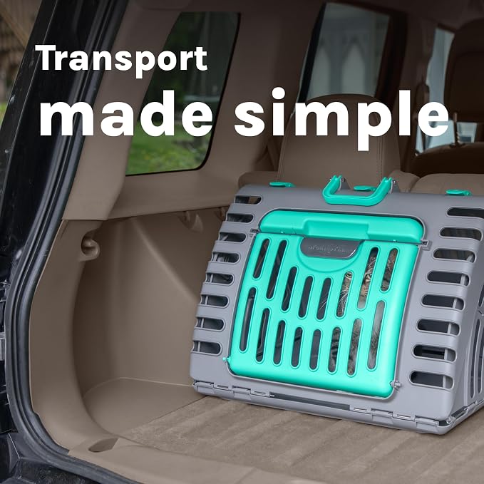 SportPet X-Large Hard-Sided Travel Cat Carrier - Cat Carrier with Patented Wide Side-Opening Door, Foldable Portable Pet Carrier for Cats & Small Pets up to 35lbs - Dark Gray/Teal