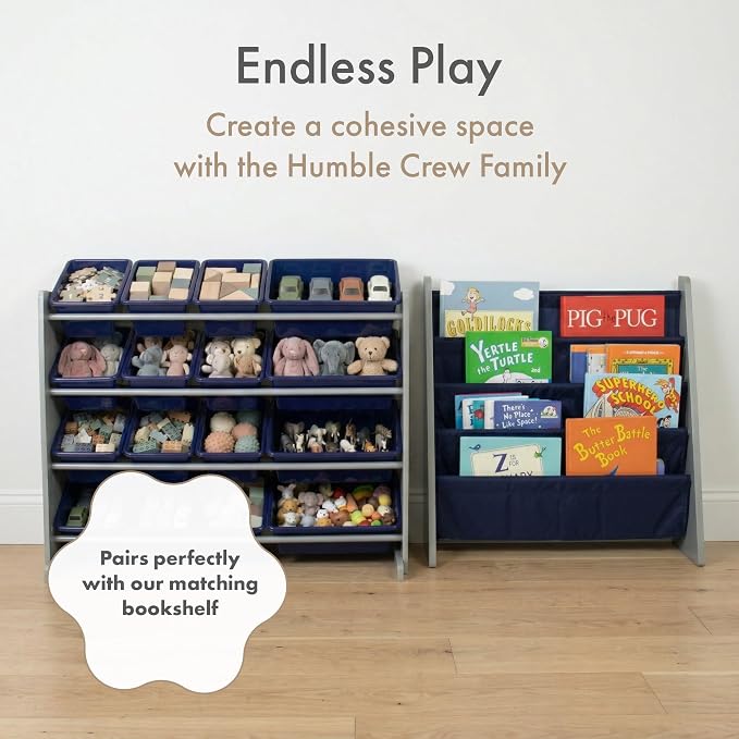 Humble Crew Kids Toy Organizer with 16 Bins, 4 Tier Storage for Playroom | Sturdy wood and steel toddler shelf, removable BPA-free containers, wall anchor anti-tip safety kit for bedroom or classroom