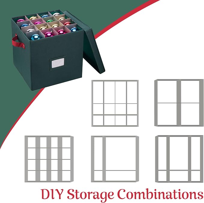 Elf Stor Christmas Ornament Storage Box, Green, 12” x 12” x 12” | Durable Holiday Organizer Cube with 64 Compartment Dividers, Riveted Handles, and Lid