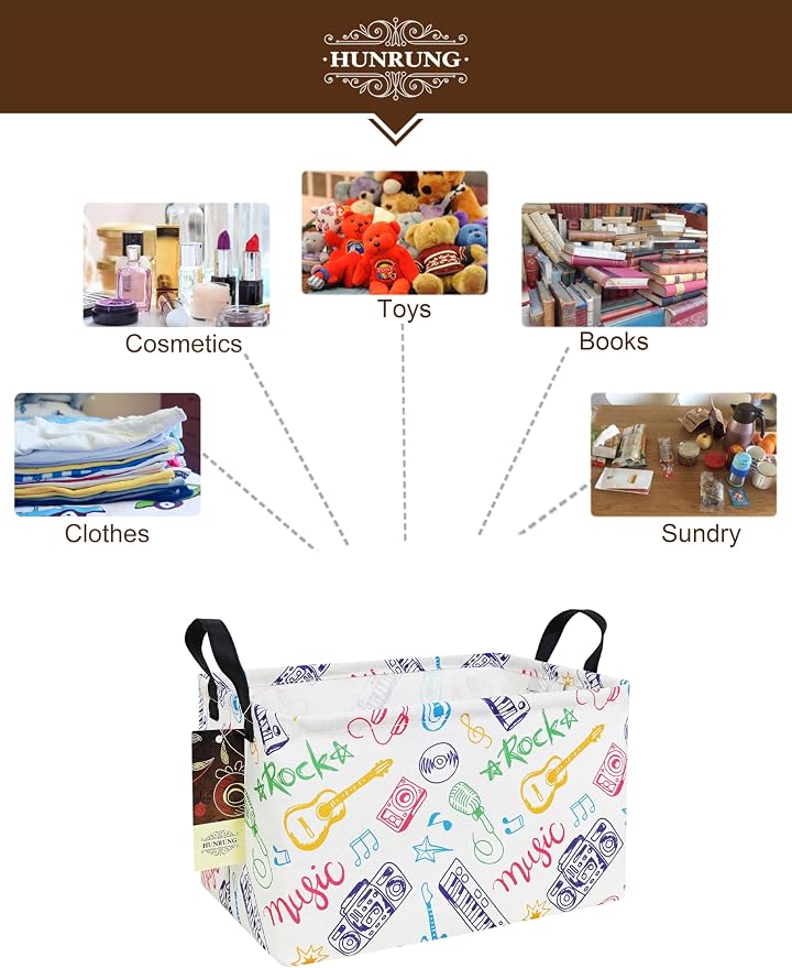 Rectangle Canvas Foldable Storage Basket for Nursery,Musical instrument | Portable and collapsible cloth receptacle. Stores pet essentials, daily use items