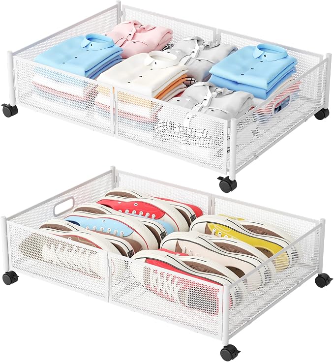Gawerk Under Bed Storage with Wheels, Foldable Metal Mesh Underbed Storage Container Bins, Tool-free Assembly Clothes Drawer Organizer, 2Pack