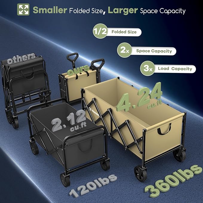 34'' Extra Long Folding Portable Wagon Cart, 120L 360LBS Khaki | Wagons Carts Foldable, Heavy Duty, Collapsible Compact Storage, Utility for Shopping/Grocery/Garden/Camping/Sports