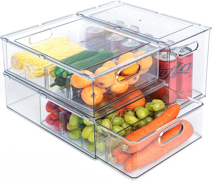 Mano 3PackFridge Drawer Pull Out Stackable Bins with Handle Clear Refrigerator Drawers Organizer Food Storage Container Box with Dividers Plastic Produce Saver for Pantry, Cabinet, Kitchen（2L+1XL）