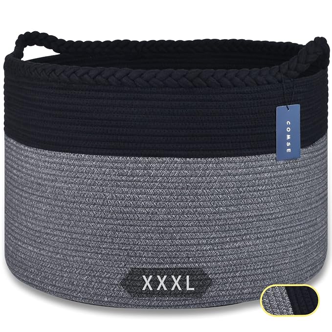 COMSE XXXLarge Woven Blanket & Laundry Basket, 87L, Black & Gray | 21.7" x 13.8", Cotton Rope, Nursery Hamper for Storage of Toys Clothes Towels, Ideal for Living Room Bedroom Bathroom