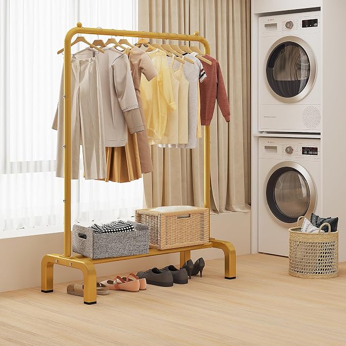 Garment Rack Clothing Clothes Rack for Clothes Organizing Gold | Standard Metal 34 Inches Garment Rack with Bottom Shelf for Hanging Clothes Coats Jackets Shirts Sweaters Jeans Gold