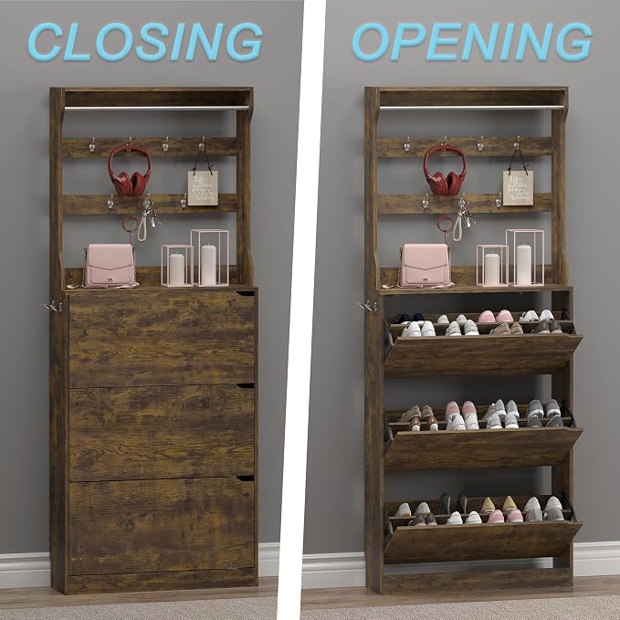 BORNOON Shoe Cabinet with 3 Flip Drawers & Coat Rack, Narrow Hidden Shoe Storage Cabinet, 2-in-1 Hall Tree Slim Freestanding Shoe Rack Organizer for Entryway, Hallway, and Living Room