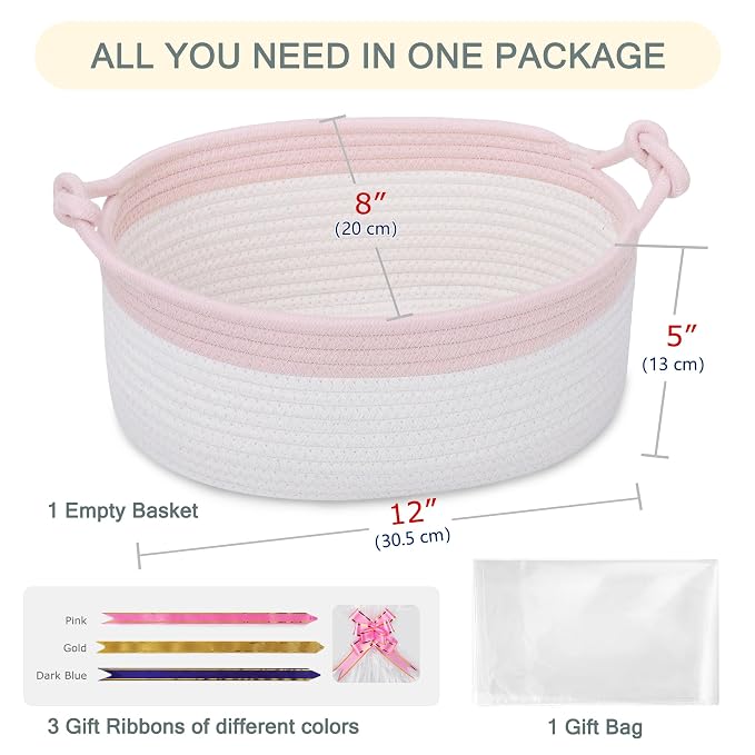 COMSE Small Gift Basket Empty with Bag & Ribbons, Light Pink & White | Cotton Rope, 12"x 8"x 5", Pet Toy Storage Organizer, Woven Basket for Birthdays, Baby Showers, Mother’s Day, Valentine’s Day