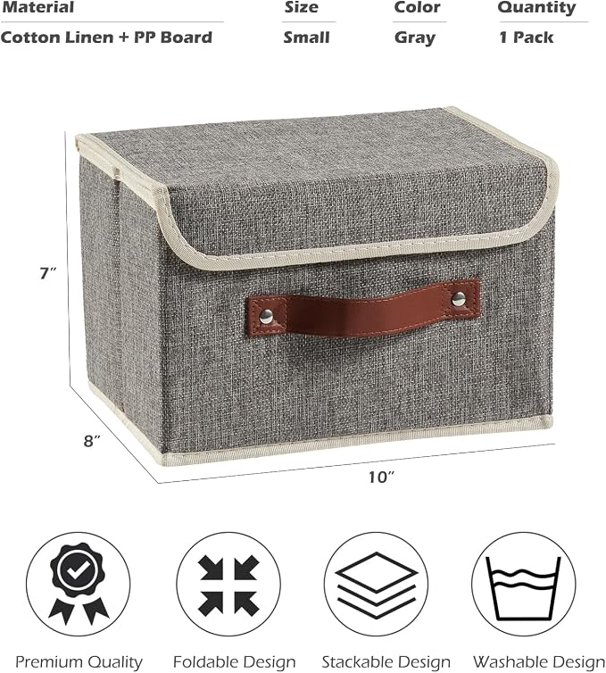 Storage Boxes with Lids Cotton Linen Fabric Bins Baskets | Decorative Collapsible Washable, Clothes Container Organizer for Closet Shelf, w/ Faux Leather Handles, Gray, Small