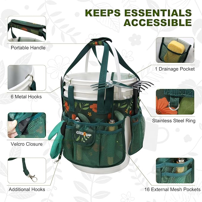 Bucket Tool Organizer - Multi-Purpose Garden Tool Caddy Fits 3.5 to 5 Gallon Buckets - Heavy Duty 600D Tool Bag Pouch with Mesh Pockets for Car Wash, Fishing, Construction (Green Flower)