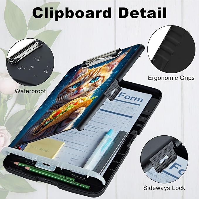 A4 Clipboard with Storage Pen Holder, Clipboards Organizer Nursing Clipboard Foldable File Folder Plastic Clipboard Folio Clip Board for Office Work Classroom Doctor, Hamburg Orange Cat